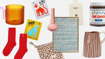 A collage of under-$40 gifts featuring an orange mug, dog and cat book, pink gucci nail polish, a blue painting, ouai dog shampoo, hot garlic sauce, red socks, a checkered blanket and hat, and a brown striped pitcher.