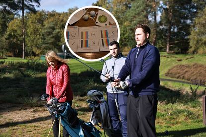 Three golfers about to tee off for a round of golf, with an inset image of three golf scorecards baring the WHS letter written in pen