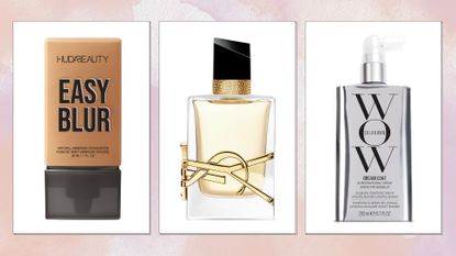 Collage of beauty products (L-R) Huda Beauty Easy Blur Foundation, YSL Libre Eau de Parfum and Color Wow Dream Coat Spray, on a pink and purple watercolour background