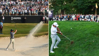 Bryson DeChambeau strikes a bunker shot, whilst Si Woo Kim hits a flop shot from the side of the green