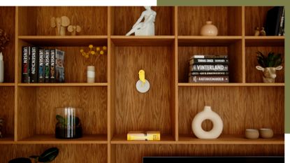 Image of a yellow Birdie product in a modern wooden bookcase