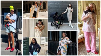 Crystal Anderson, Amrit Tietz, Bettina Looney, Ryan Norville, Sarah Zendejas, Camille Darby, &amp; Harling Ross Anton in an outfit collage of their postpartum clothes