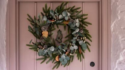 Christmas wreath with eucalyptus leaves and foliage on pink front door