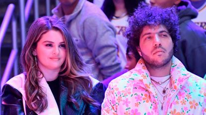 Selena Gomez and Benny Blanco watch the Los Angeles Lakers and the Miami Heat at Crypto.com Arena on January 03, 2024.