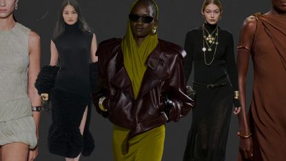 a collage showing the best chunky cuff bracelets in the runway collections of Tory Burch, Saint Laurent, Alaia, Chanel, and Gucci