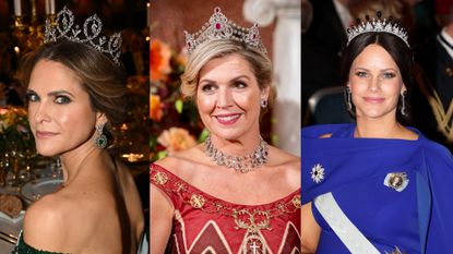 Princess Madeleine in an off the shoulder gown and diamond tiara, Queen Maxima in a red gown, diamond necklace and ruby and diamond tiara, and Princess Sofia wearing a blue gown with a sash and a diamond tiara