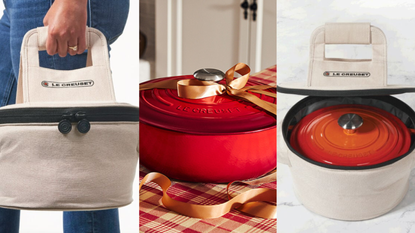 Le Creuset&#039;s Round Dutch Oven Tote Bag, pictured in transit and on a table, storing a round Le Creuset Dutch Oven