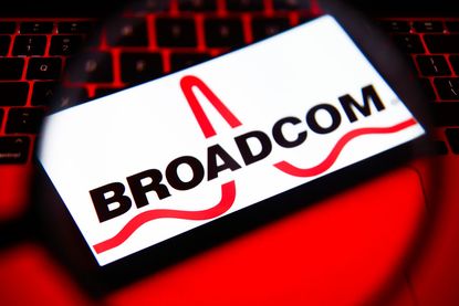 Broadcom logo on smartphone sitting on keyboard