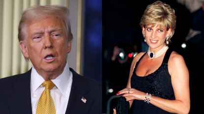 A headshot of Donald Trump wearing a gold tie next to a photo of Princess Diana wearing a blue low cut dress and pearl choker