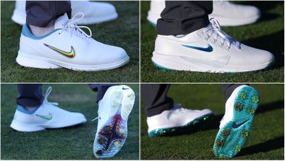 The golf shoes of Rory McIlroy and Scottie Scheffler