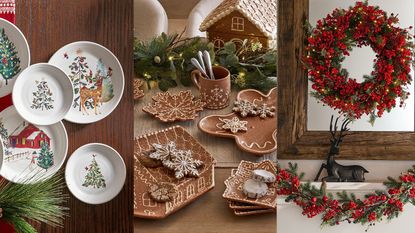 A triptych: white plates illustrated with Christmas trees against a brown background; Gingerbread Serveware Collection on a dining table; a red wreath and red garland above a white mantel.