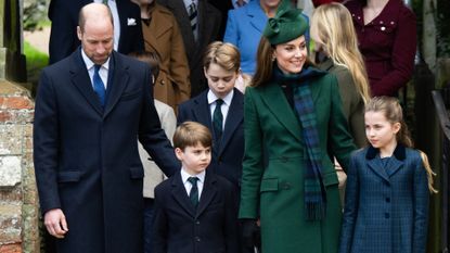 Prince William, Prince George, Prince Louis, Kate Middleton, Princess Charlotte wearing navy and green coats outside church on Christmas Day