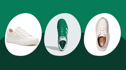 A composite image showing trainers by Rocket Dog, Gola and Fitflop, on a green background