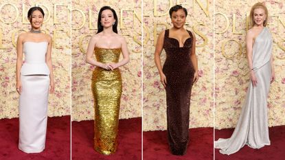 Split image of anna sawai, mikey madison, quinta brunson, and nicole kidman at golden globes 2025, january 5, 2025