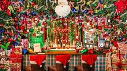 The colorful Christmas-themed Blizen&#039;s Bar in San Antonio