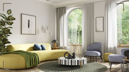 A living room following zen design principles including natural materials, plants, lots of natural light and rounded furniture