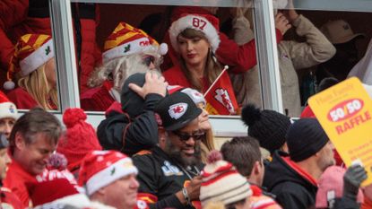 Taylor Swift wearing a Santa hat at the Kansas City Chief&#039;s Christmas day game in 2023.