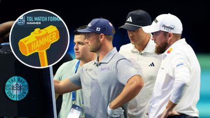 The Bay GC players - Wyndham Clark, Ludvig Aberg, and Shane Lowry - all look at the digital caddy screen in TGL&#039;s SoFi Center with an inset photo of The Hammer