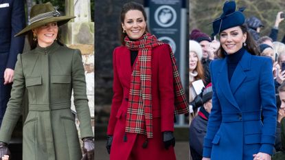 A photo of Kate Middleton in a green coat next to one of her in a red coat and plaid scarf, and a picture of her in a bright blue coat and matching hat on the right