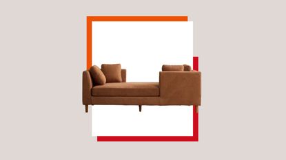 Dusty pink background with a a white product box outlined with orange and red in the middle. There is a caramel brown tete-a-tete sofa in the product box.