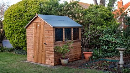 Garden shed with felted roof in garden