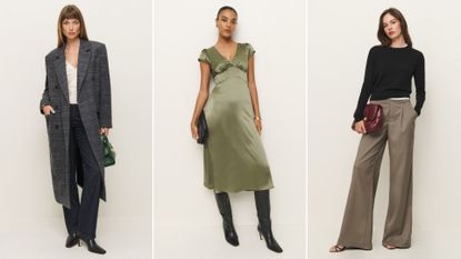 split image of Reformation Lucas Coat, Reformation Cassie Silk Dress, Reformation Ashwin Low Rise Pants