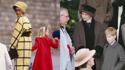 A split of Princess Diana wearing a yellow windowpane print coat and matching hat holding hands with a little girl and a photo of her wearing a brown and black coat and hat with Prince Harry talking to a minister