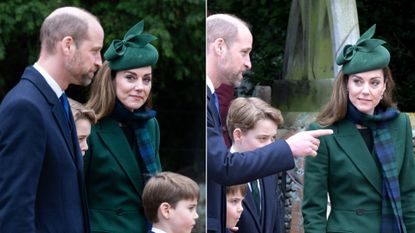 Kate Middleton wears a green hat and coat on Christmas Day in Sandringham and gazes at husband Prince William