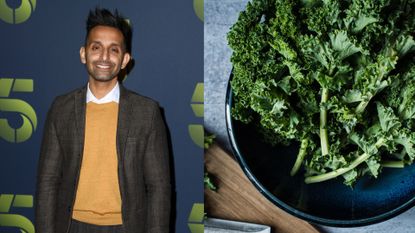 Dr Amir Khan next to bowl of kale 