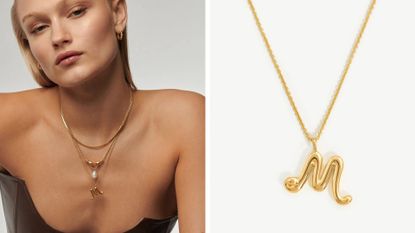 two images side by side one of woman wearing initials necklace and one of the necklace