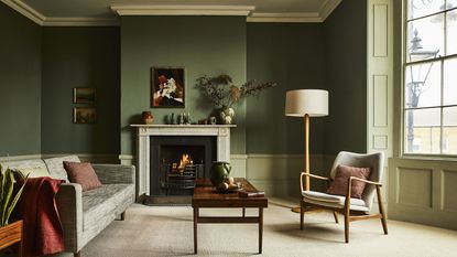 Green living room, grey sofa, carpet