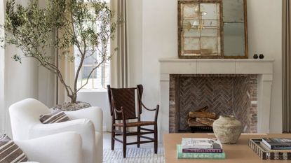 living room with vintage furniture, brick fireplace, white armchair and potted olive tree