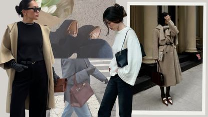 Collage of woman wearing camel coat, loafers, burgundy handbag, woman in sweat, woman in coat