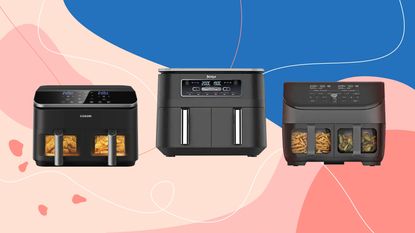 Ideal Home&#039;s top 3 dual zone air fryers on pink and blue background