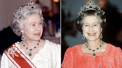 Queen Elizabeth wears the $6 million George VI sapphire necklace and matching earrings she received from her father for her wedding