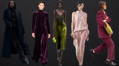 how to wear velvet shown in a collage of runway photos and outfit ideas of women wearing velvet clothing 