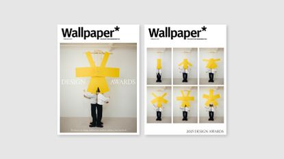 Wallpaper* Design Awards 2025 issue February cover with yellow asterisk held up by two people