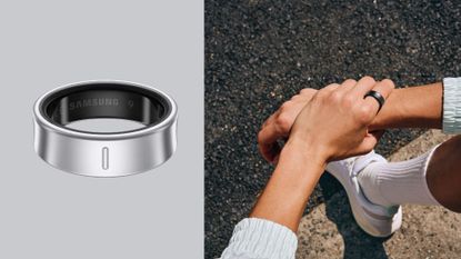 Side by side view of Samsung Galaxy Smart Ring on finger of model sitting on the side of a sunny road next to product 