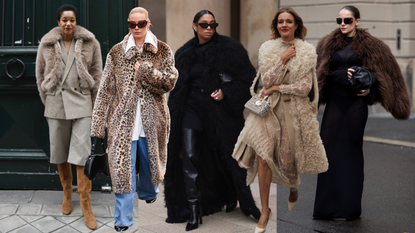 collage of women wearing faux fur coats 