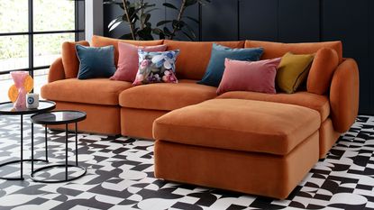 Sofa.com Ren Modular sofa in paprika velvet on graphic monochrome flooring