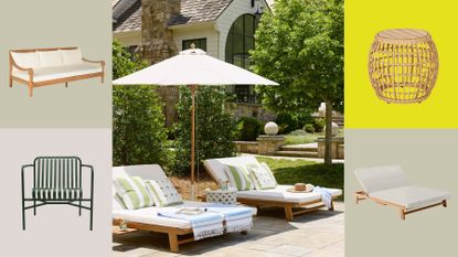 collage of outdoor furniture, rattan side table, green outdoor chair, sun lounger