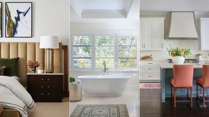 bedroom with white wall, bright bathroom with cream and white color scheme, kitchen with off-white cabinets and blue island with two red chairs