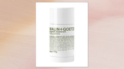 Malin+Goetz bergamot deodorant on a pink watercolour background