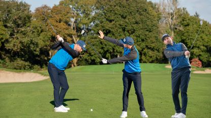 Adam Harnett hitting an iron shot, demonstrating a reach wedge drill, and in the finish position after impact with a wedge