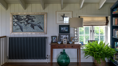 Black radiator on a white wood panelled wall with a framed photo of birds hanging above it. It&#039;s next to a dresser, which has family photos and a large lamp on top.