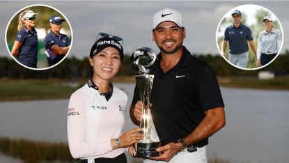 Lydia Ko and Jason Day hold the Grant Thornton Invitational trophy, whilst Lexi Thompson, Rickie Fowler, Brooke Henderson and Corey Conners walk down the fairway