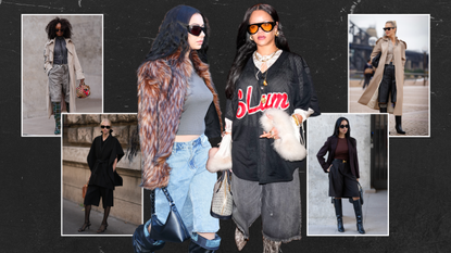 Charli XCX and Rihanna wearing Bermuda shorts; fashion week showgoers wearing Bermuda shorts