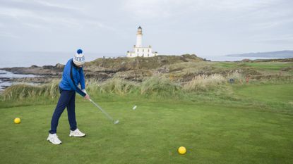 Barry Plummer hitting a tee shot on the 9th hole of the Ailsa Course at Trump Turnberry