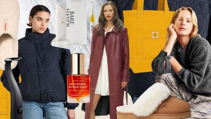 a collage of holiday gifts (sweaters, jackets, cosmetics, tote bags).