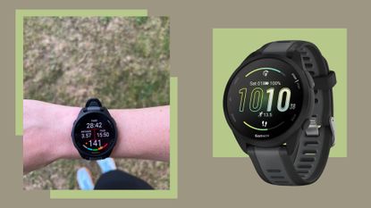 Grace Walsh wearing Garmin Forerunner 165 while running next to product shot